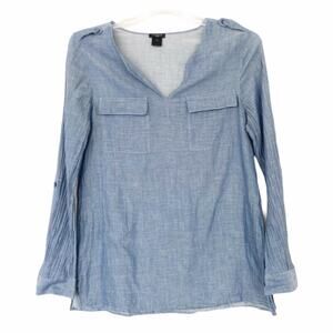 Ann Taylor Chambray Split Neck Long Sleeve Shirt Sz M